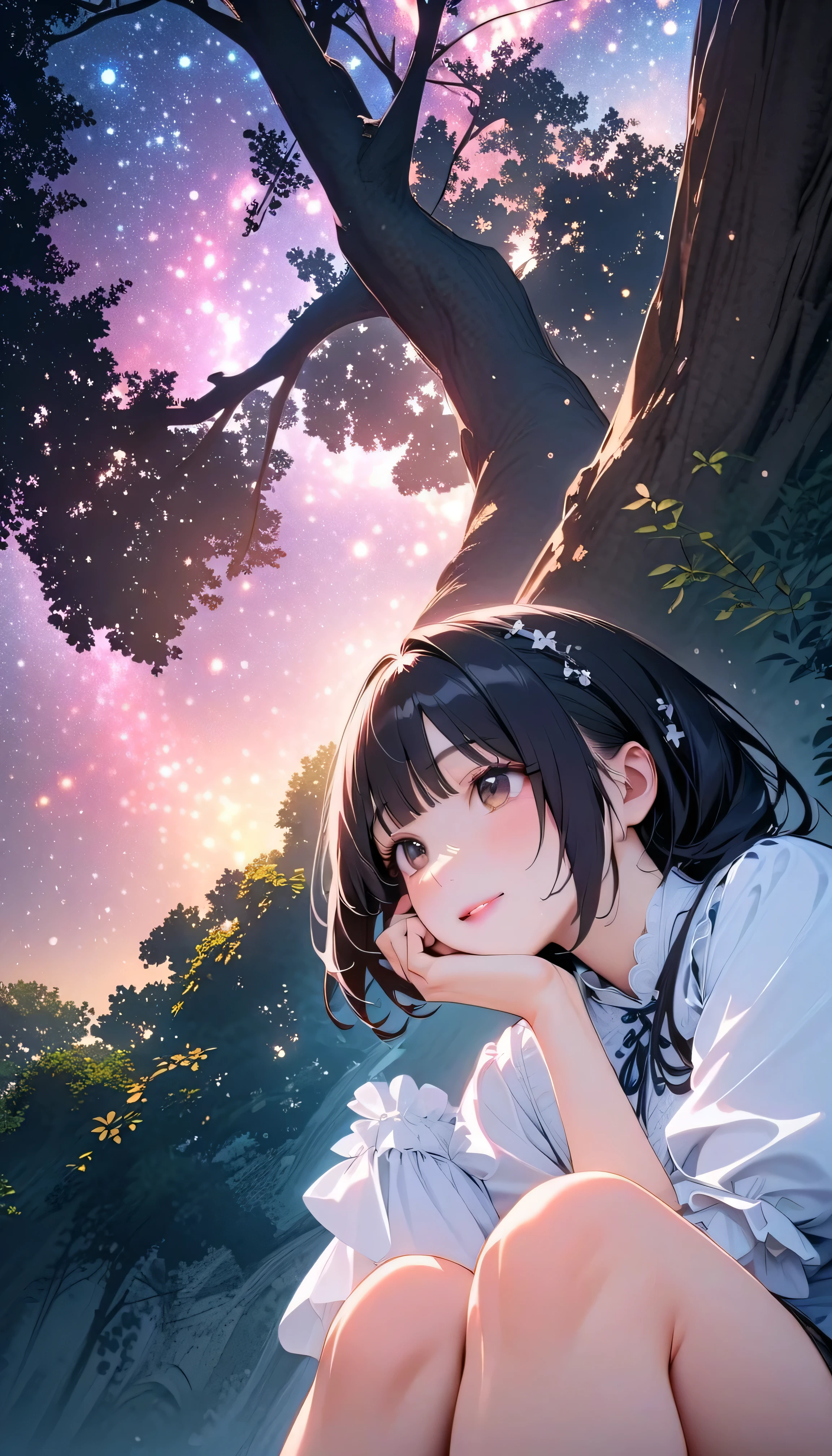 (Highest Quality:1.2, 非常にdetailsな, newest, Highest Quality, Best Aesthetics), 8K Ultra HD, 非常にdetailsな, details, Bold composition, (perfect human structure), beautiful and very delicate texture, Delicate and Dynamic, romantic and sweet style, concept art style, 非常に複雑なdetails, the contrast between light and dark is clear, Structured, fantastic night,  light gradation , Vivid and gentle colors, An old tree, Fantastic starry sky, backlit, One nice girl, 非常にdetailsな目と顔, Dark Eyes,  smooth skin texture , shiny skin, kind expression, Girl sitting on a tree branch, smiles, black hair,  young, short, lower-class,  light clothing, 2.5d, realistic, looks up at the night sky, angle from below