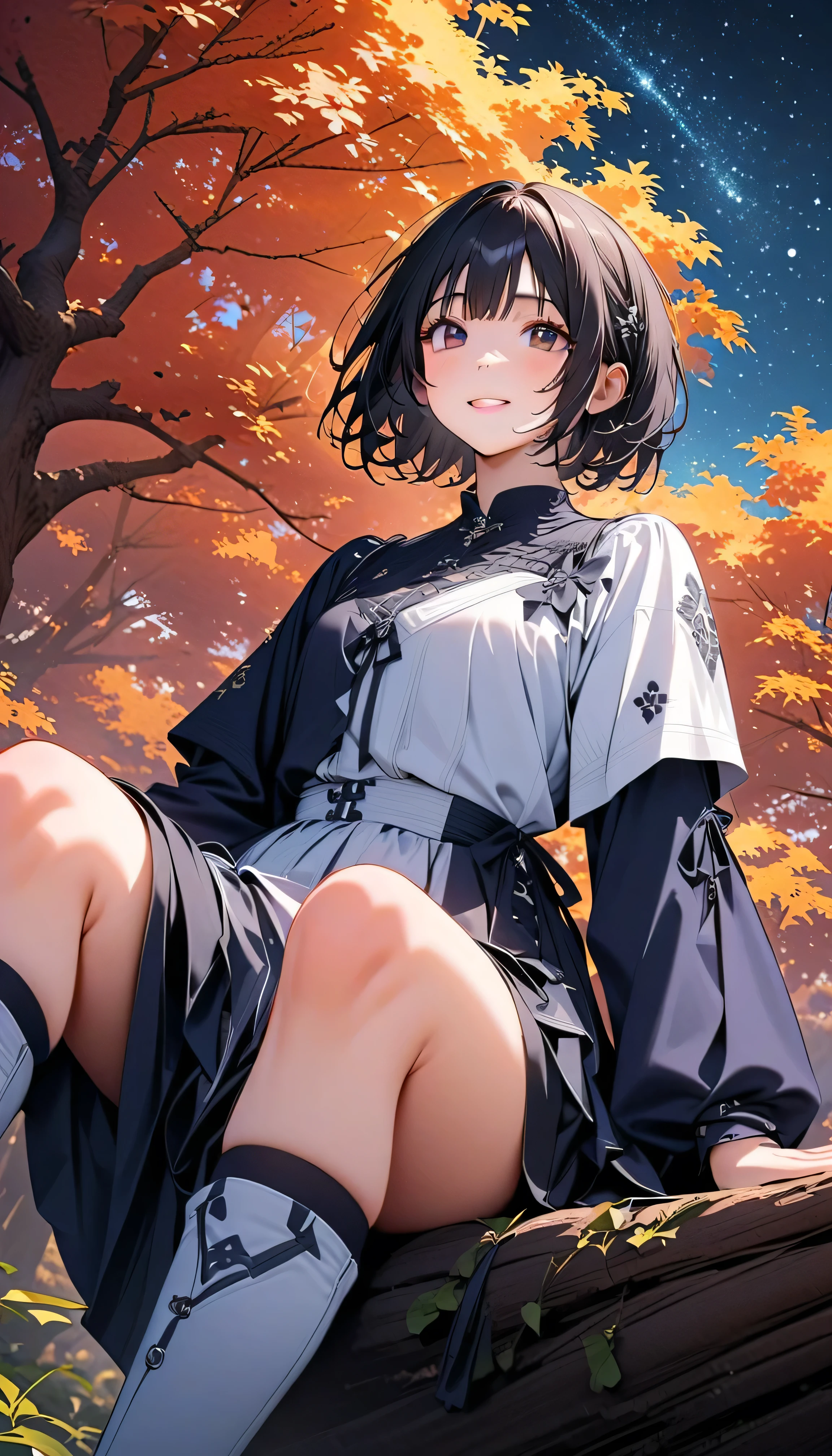 (Highest Quality:1.2, 非常にdetailsな, newest, Highest Quality, Best Aesthetics), 8K Ultra HD, 非常にdetailsな, details, Bold composition, (perfect human structure), beautiful and very delicate texture, Delicate and Dynamic, romantic and sweet style, concept art style, 非常に複雑なdetails, the contrast between light and dark is clear, Structured, fantastic night, light gradation , Vivid and gentle colors, An old tree, Fantastic starry sky, backlit, One nice girl, 非常にdetailsな目と顔, Dark Eyes, smooth skin texture , shiny skin, kind expression, Girl sitting on a tree branch, smiles, black hair, young, short, lower-class, light clothing, 2.5d, realistic, looks up at the night sky, angle from below