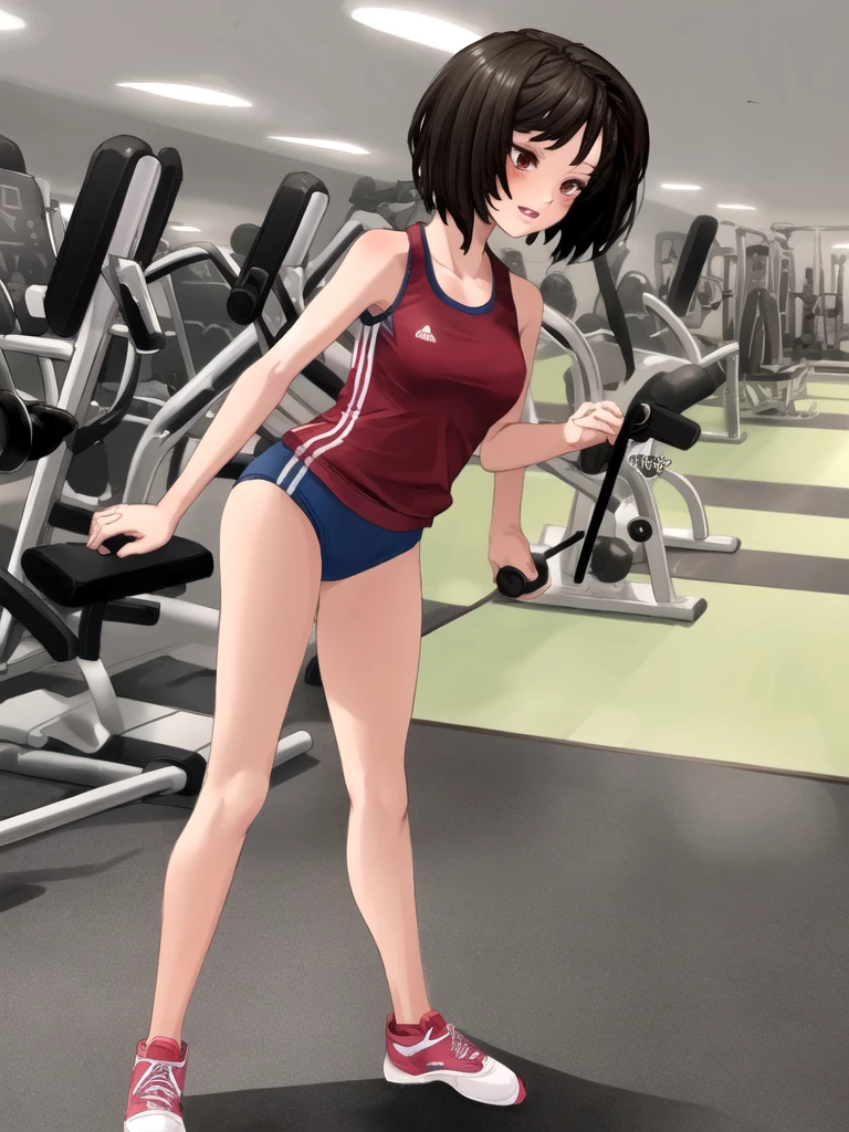 (Original Character、Unity 16K Wallpaper, Masterpiece, Best Quality, Ultra-Detailed, Extremely Detailed CG, Cinematic Lighting, Detailed, Beautiful Detailed Eyes, solo), Ultra High Resolution, fine skin, track and field, shiny skin, smile, from front:1.2、(sexy women)、Arena、full body shot、lean back, hands behind the back, tank top, bikini bottom, show belly, show cleavage, legs open, open legs, camel toe, legs apart, show neck, sunny day、cowboy shot, short hair、sit on the ground, view from low angle, slim waist, wider hips