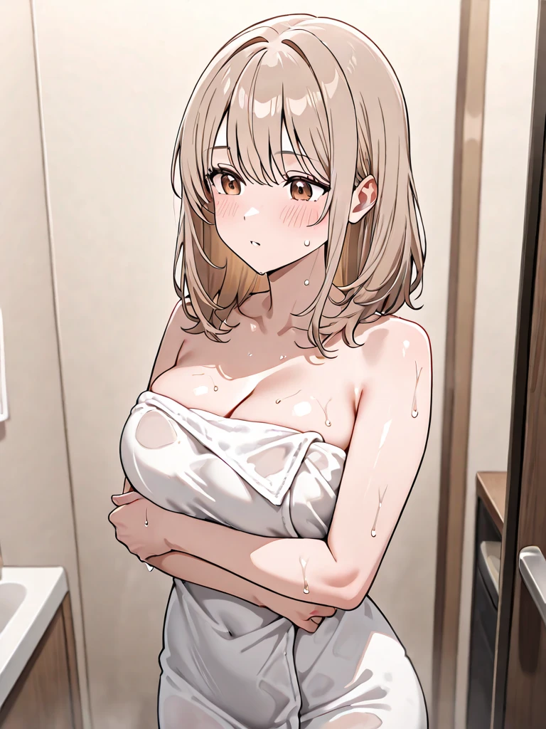 (masutepiece, Best Quality, hight resolution, nffsw, Perfect Pixel, depth of fields, 4K),
1girl in, Lori, Beautiful anime girl,
Looking at Viewer,
Perfect body,
Bookmark_Katase, Brown hair, Brown eyes, (Large breasts),
Smile, (red blush, Half closed eyes:1.2),
Open mouth,
In the sauna, Wrapping a towel,
Wet hair, Fog,
POV,