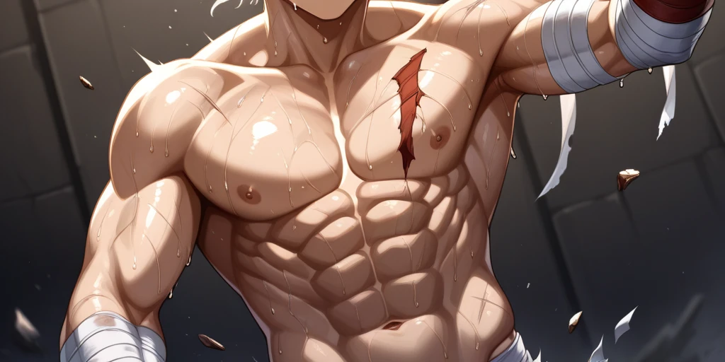 young boy, Gray tousled hair, violet eyes, cat ears, Lots of scars, Lots of lightning strikes, open torso, Body straps, Sleeveless, white kimono, Masterpiece, hiquality, high detail, HD, 4k