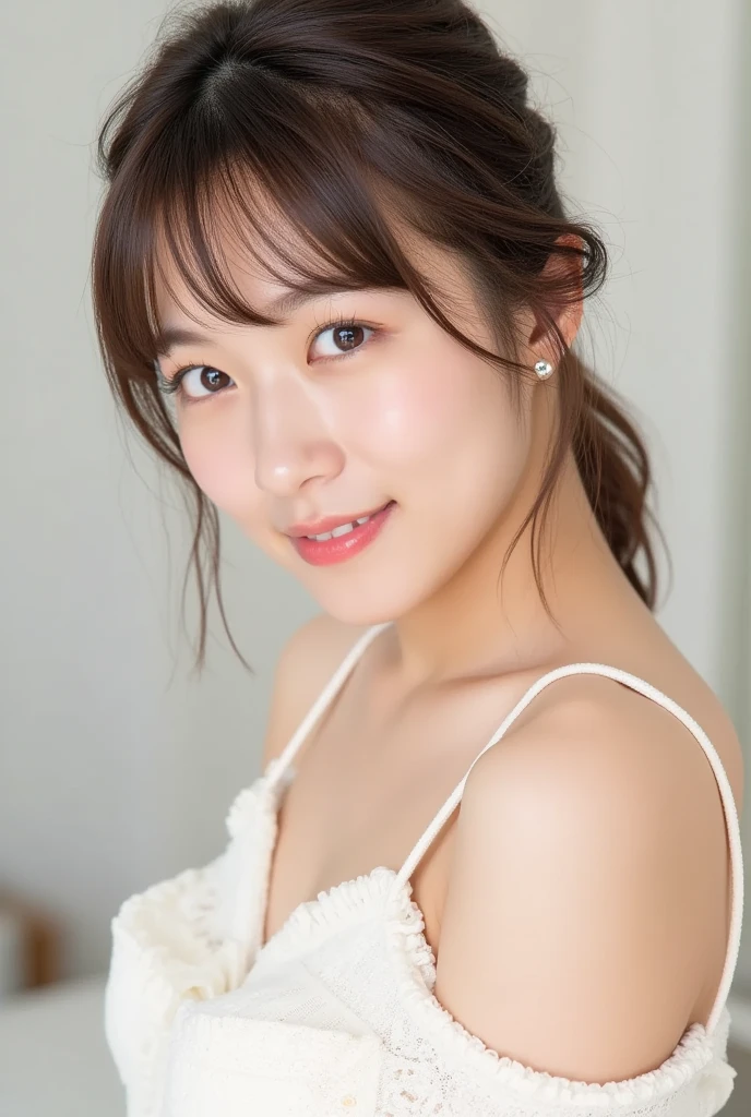 masterpiece,best quality,(Japanese girl),((Beautiful girl)),cleavage,(off shoulder:1.2),(perfect body beauty:1.2),(shy smile),From above