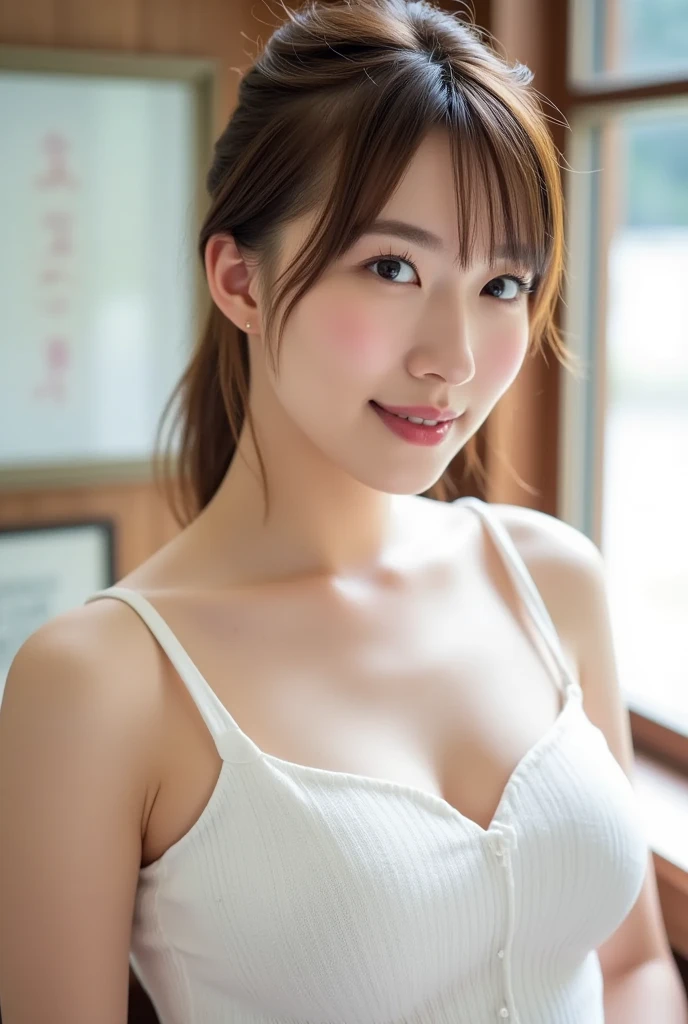 ((top-quality、8K、masterpiece:1.3))、1girl in、Slim Abs Beauty:1.3、(Hairstyles Brown Hair Shortcuts、Colossal tits:1.2)、doress:1.1、Super fine face、Delicat eyes、二重まぶた、A smile、Home、Raw photo、Tank Tops、tits out、Sharp Eyebrows、japanes、cleavage of the breast、Slender beauty、Colossal tits、Sex slaves