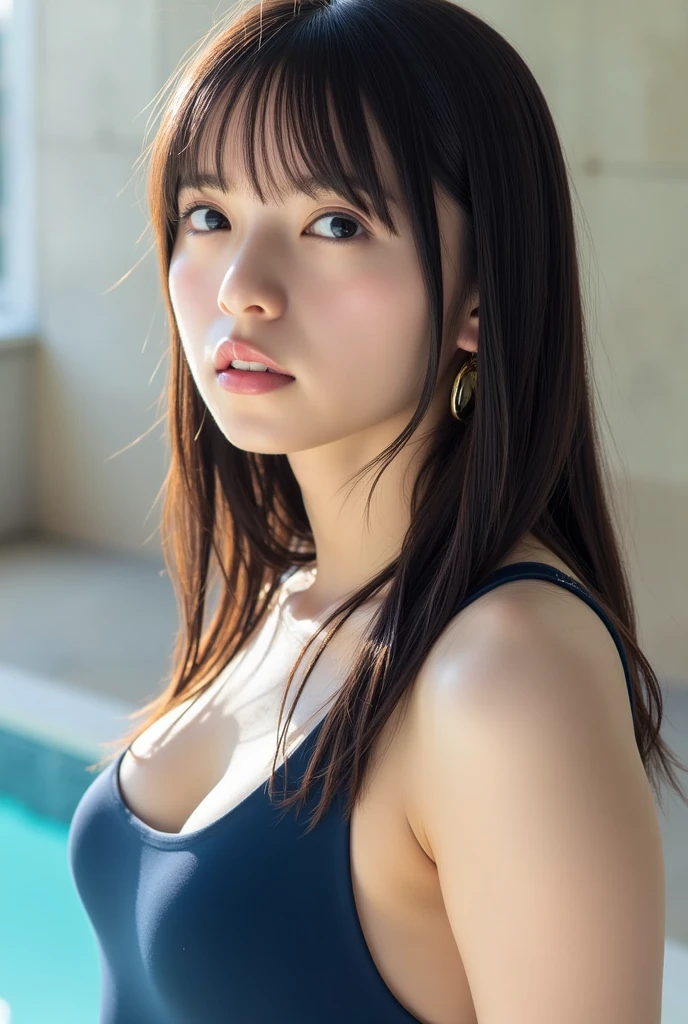 Best quality, masterpiece, ultra high res, (photorealistic:1.4), raw photo, 1girl, DARK hair, shiny skin, WET BODY, dramatic lighting, full body, bitch, micro bikini, huge breasts