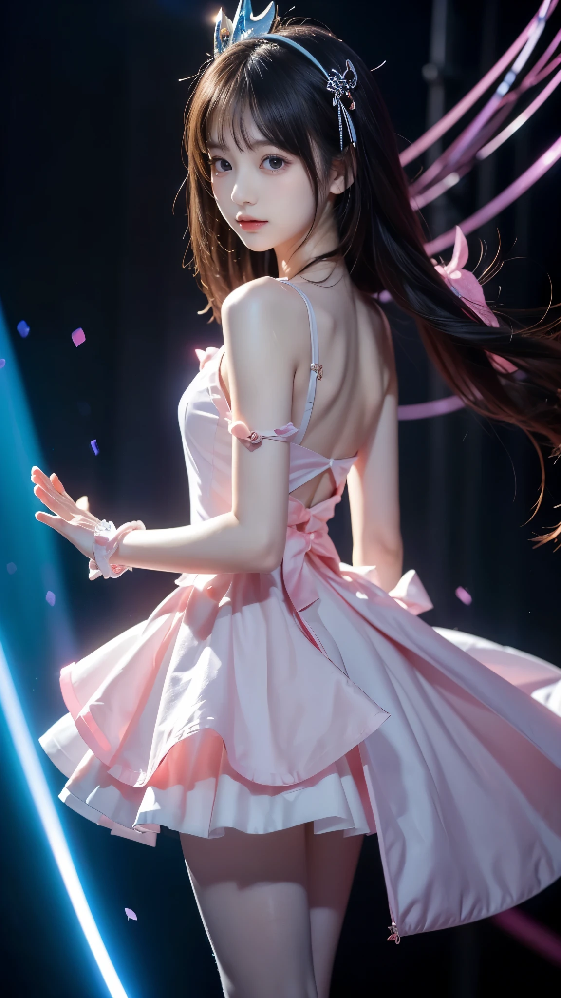 (((A transcendental cute magical girl is being transformed)))、(( small )),  Justice Heroine、nice bob cut、slender body line、long side bangs、wonderful hairstyle、Highest Quality、masterpiece、best quality、reality、ultra high definition、(detailed hands:1.3, perfect right hand:1.3)、dynamic pose on the back in heat、stage