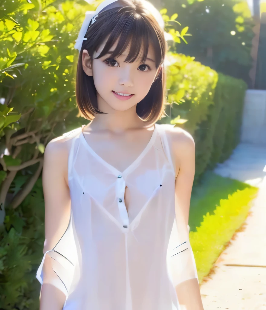 1Girl, Solo, Cute, Japan Little Girl,Elementary School, huge breast,White Sheer Dress,Detailed Face, Detailed Skin, Detailed Clothes,looking at Viewer,Standing,Full Body,View from Below,Simple Background,spread arms forward,Bob Cut,Straight Hair,Smile
