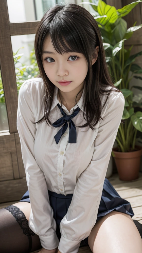 女の子1人、Blushing cheeks、shyly smile、optic、large full breasts、White shirt sticking to chest、Tartan checked skirt、Girl in Japan school uniform、florals、hair pin、a necklace、piercings、Crawling on all fours on the bed、from below looking up、depth of fields、pointed red mouth、Glossy reddish-brown shorthair、Black eyes、鎖骨、Beautiful fingers、Hourglass body、portrait of a full body、The task of removing the tie、