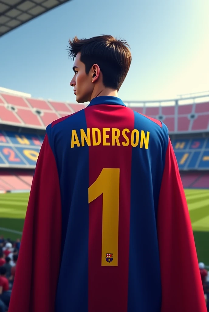 Une jeune joueur barcelonais âgée environ 23 ans , couleur de peau moyenne, célèbre son but devant des supporters dans le stade, grandissant son maillot avec son noms Kenny , numéro 11. Son maillot brandi couvrent son visage du tribune, il porte de sous-maillot de couleur bleue 