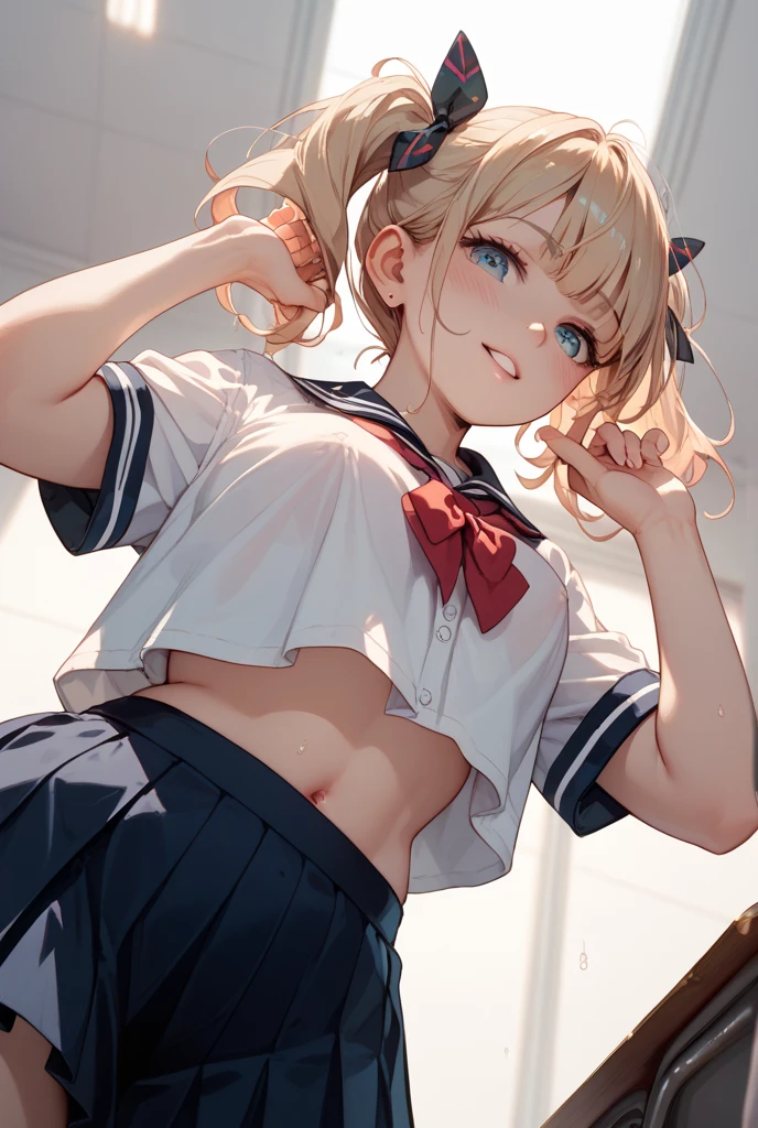 (masterpiece, highest quality), 1 girl, solo focus, Toga Himiko, pleated mini skirt, (white panties), ((lift the skirt by self)), looking at viewer, shy look, look of contempt, (showing off panties), daytime, cameltoe, cowboy shot, in classroom, from below, front view,