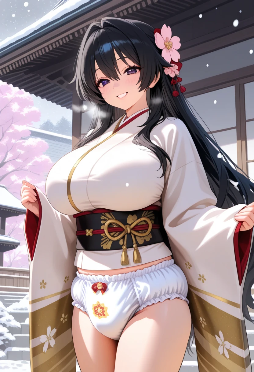 A voluptuous girl with very big breasts is wearing a kimono and exposing her nipples. Nipples are erect has feathers