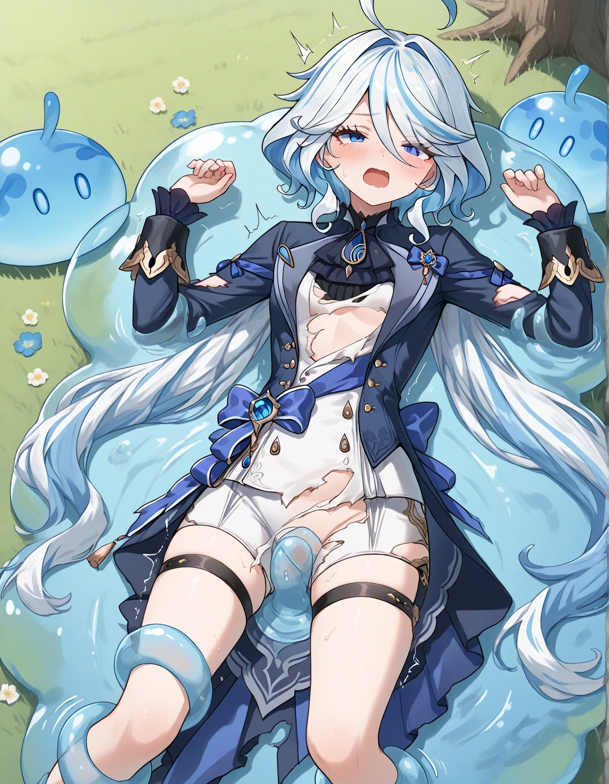 contempt, anger, half closed eyes, Simple dead eyes,Aqua hail, tights,short hair,{{{Lop-eared rabbit}}},light blue and white skin,school uniform, sailor suit,blush,aqua rabbit ears,woman,furry,knee high,cute,sailor suit,hair ribbon,NSFW,vagina,sex,(vaginal slime blue penis), (Multiple around slime:1.2) (Melted slime on girls:1.3),(damaged clothing:1.3), (melted clothes:1.3),