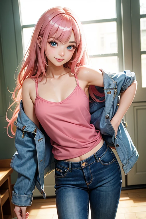 (Chibi 3D)))Cute and beautiful chibi anime//Retro floral sports bra, Oversized Blazer, Boyfriend Jeans, Quilty slippers, amethyst necklace,Retro floral clothing boutique、Standing,Unique Pose,solo
