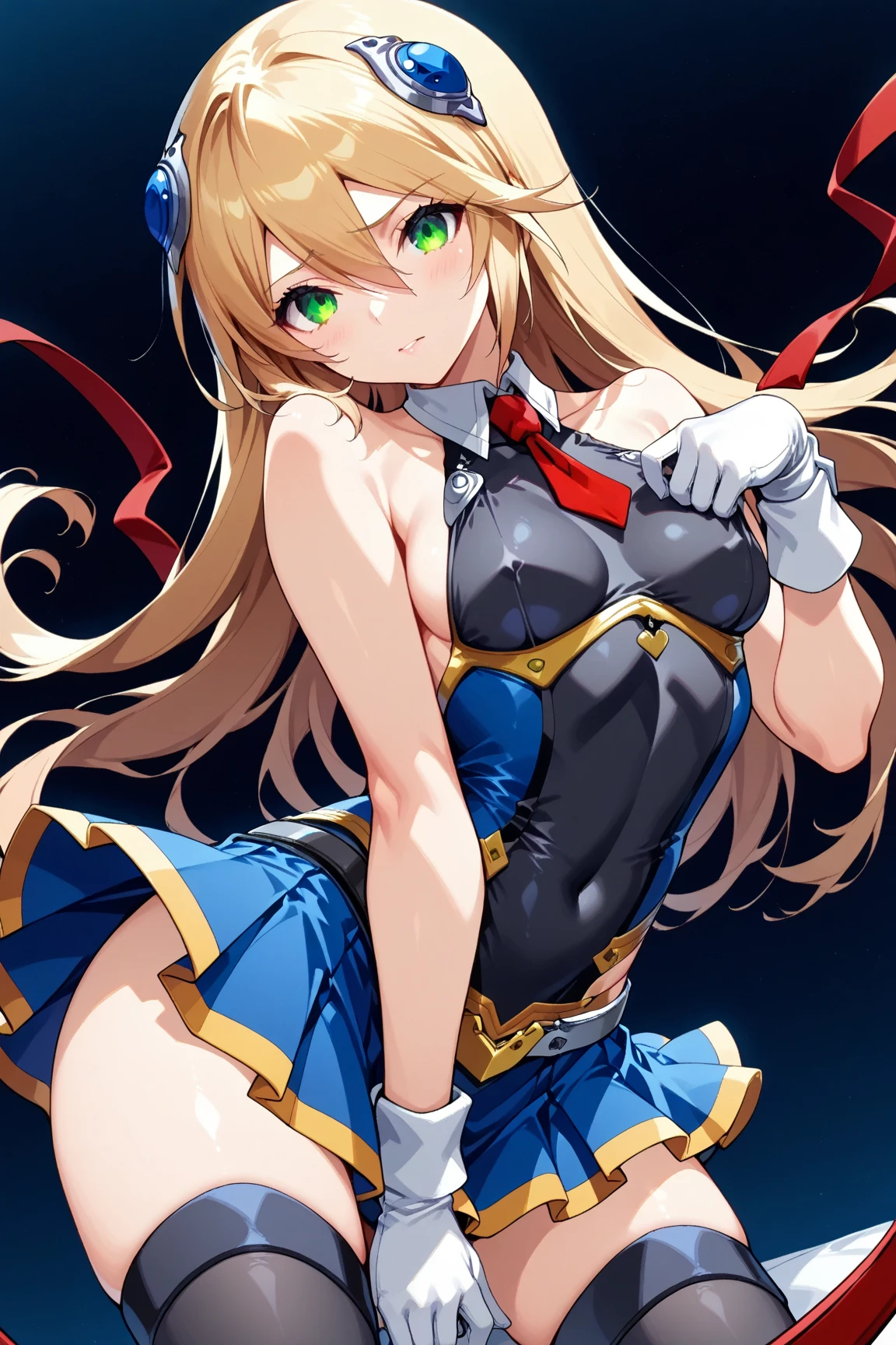 (masterpiece, Highest quality, High resolution),Cowboy Shot, One girl, Noelm, Long Hair, Knee socks, skirt, belly button, gloves, hair ornaments, belt, tie, black Knee socks, white gloves, abdomen, Bare shoulders, miniskirt, pleated skirt, zettai ryouiki, shirt, ノースリーブ NOEL VERMILLION GREEN EYES BLONDE HAIR LONG HAIR HAIR ORNAMENT COLLARED SHIRT WHITE SHIRT RED NECKTIE SHORT NECKTIE WING COLLAR GOLD TRIM RED RIBBON BLACK THIGHHIGHS MICROSKIRT PLEATED SKIRT BLUE SKIRT BLACK BELT BELT BUCKLE BLUE FOOTWARE BOOTS NAVEL GROIN MIDRIFF.handcuffs behind her back,noel vermillion handcuffed