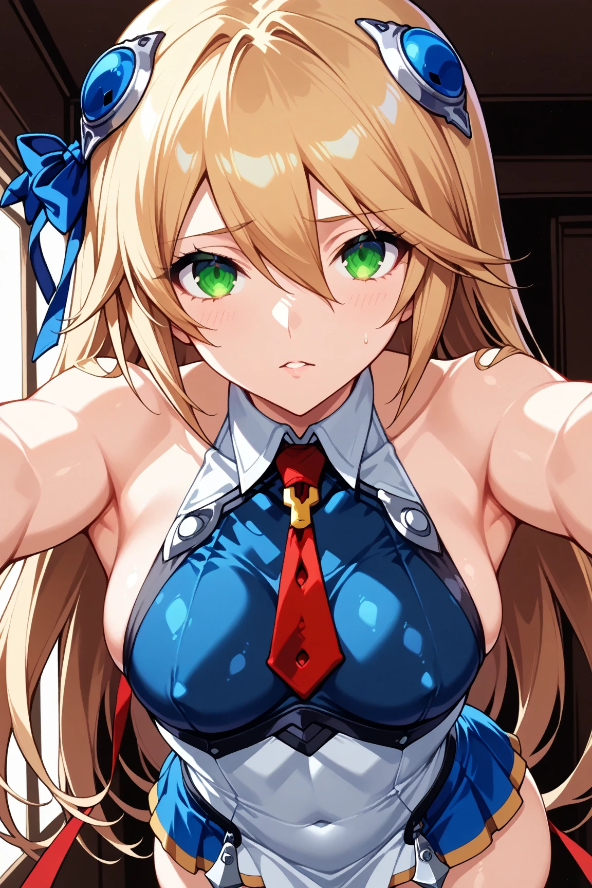 masterpiece, best quality, very aesthetic, absurdres, newest,1girl,upper body,Condom in mouth, double V gesture,blush,tear in eyes,white_sweat in face,embarrassed,cum on face,,,marie_rose(dead_or_alive), dead_or_alive_5,1girl, long_hair, twintails, blonde_hair,x_hair_ornament, athletic_leotard, blue_leotard, bodysuit, bow, bowtie, covered_navel, fingerless_gloves, frilled_leotard, frills, highleg_leotard, red_bow, red_bowtie, skin_tight, sleeveless_turtleneck_leotard,thighhighs,,in office,