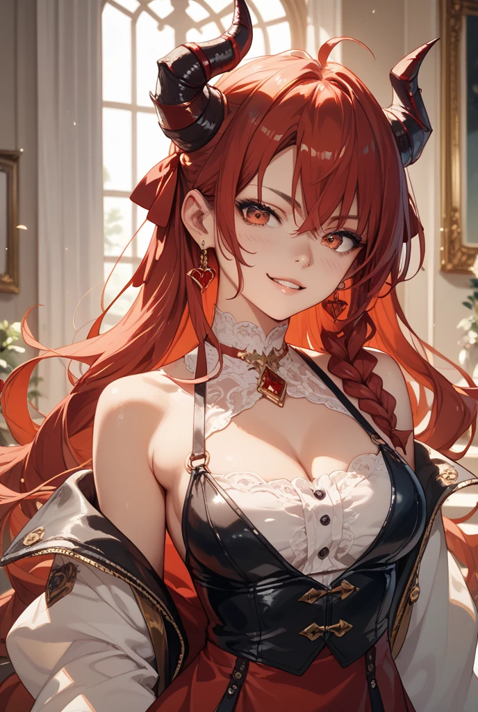 Girl with copper-amber hair, dark red eyes , sexy dark clothes, sly facial expression, , on the head there are black small demonic horns, average build , belt art , high detail studio light
