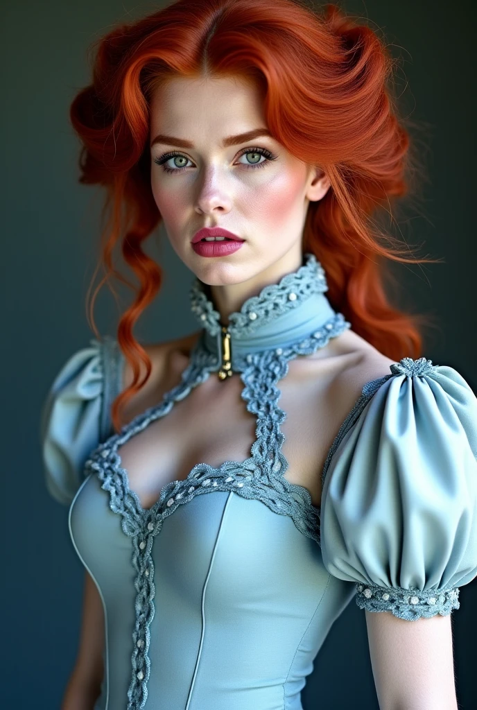 absurdres, foto RAW, mais alta qualidade, (obra-prima: 1.3), foto de cor RAW de alto detalhe, foto profissional, unidade de papel de parede CG 8k extremamente detalhada, foto-realista, realista, foto RAW, obra-prima, melhor qualidade, highres, illustration, 1girl, , baixinha, tiny girl, magra, branca, ruiva, cabelo vermelho, cabelo ruivo com cachos, cabelo ondulado, curly hair, Average length, pernas finas, rosto lindo perfeito com sardas, cardune lips, belos olhos realistas, olho direito verde, olho esquerdo azul, heterocromia, pale skin, textura de pele detalhada, seios planos, bunda pequena. Rosas vermelhas tatuadas nos ombros. Ruiva. Sorriso. Saindo do banho. Suada. Fazendo sexo oral. Estilo bruxa. Pagan style, Celtic, wiccan. Escocesa. She looks amazing. (vestido azul turquesa, espartilho, pentagram collar on neck, design detalhado), casa, noite.