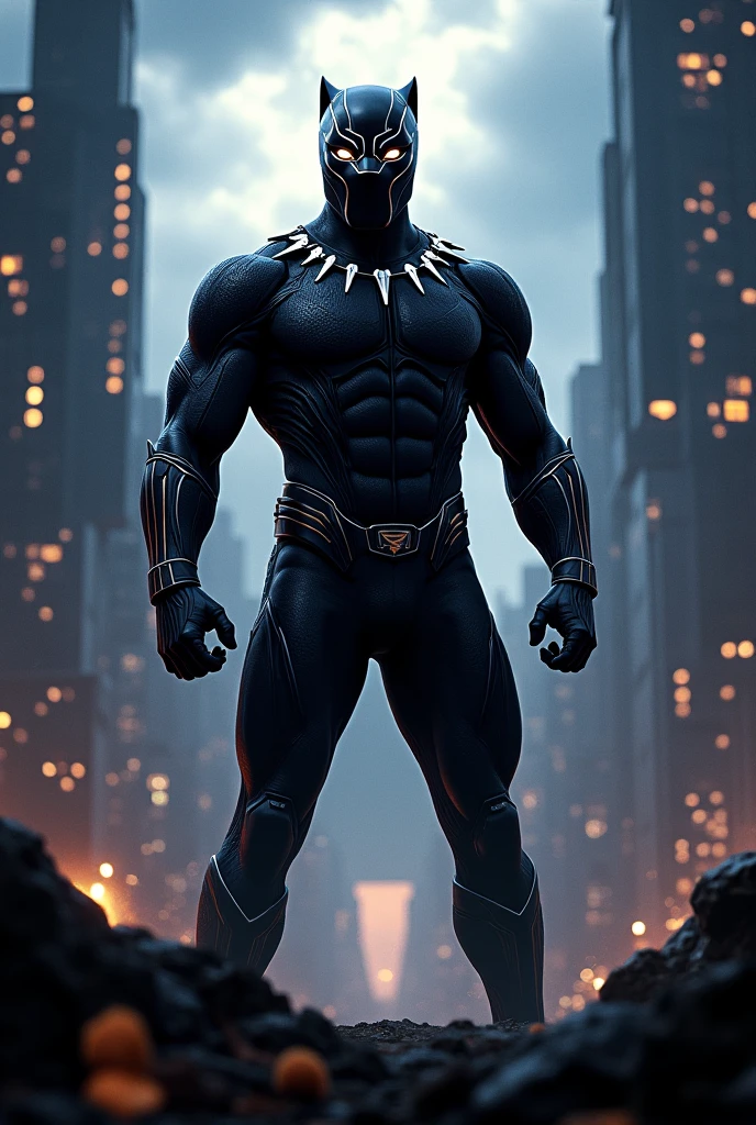 Scene from the movie, Black Panther from Marvel, extremely detailed, futuristic cityscape, nighttime, glowing neon lights, smoke, sparks, metal shavings, flying debris, blue energy effects, volumetric light