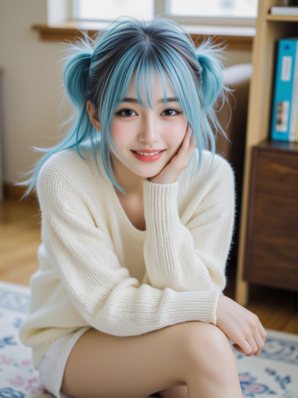 masterpiece, best quality, 1girl, super short hair, wavy hair, twintails, blue hair, V-neck sweater, A-line skirt, giddy smile, cafe