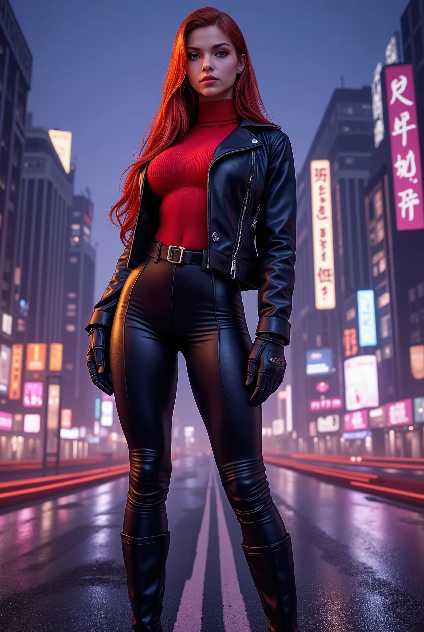 high quality 8k , ultra detail . present day 2024 . night city . road . standing Triss Meregold . long red hair . wearing red turtleneck . black leather jacket . black leather pants , high boots .