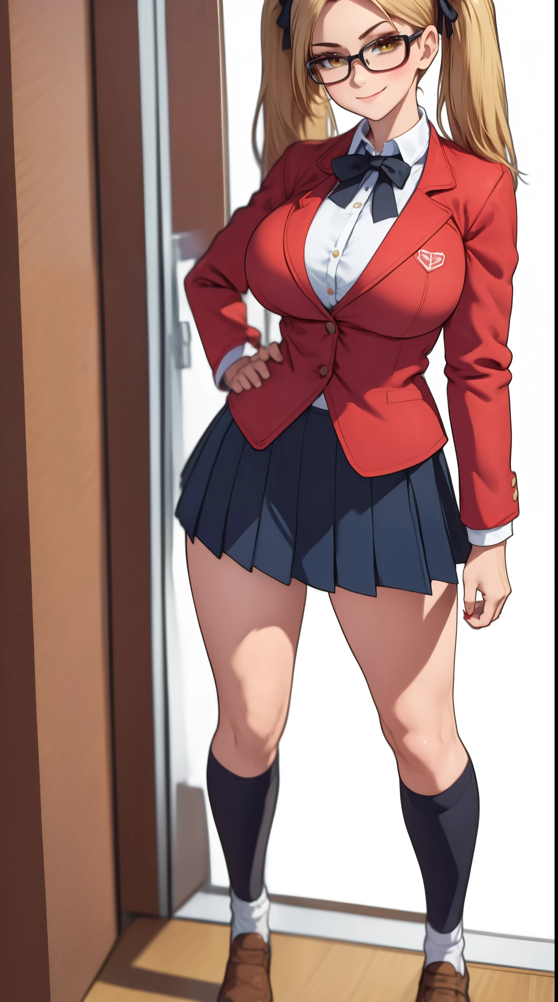 girl, solo, full body, from head to toe, standing, (Huge_Breasts:1.3), wearing a short skirt (weight: 1.5),

Character Design Sheet, character reference sheet, character turn around,

saotome mary, school uniform, red jacket, twintails, blonde hair

a girl with blonde hair and glasses standing in front of a white background, 1girl, solo, skirt, jacket, school uniform, twintails, blonde hair, hand on hip, shirt, red jacket, white shirt, full body, long hair, black ribbon, looking at viewer, pleated skirt, ribbon, smile, black skirt, yellow eyes, blazer, brown footwear, socks, collared shirt,