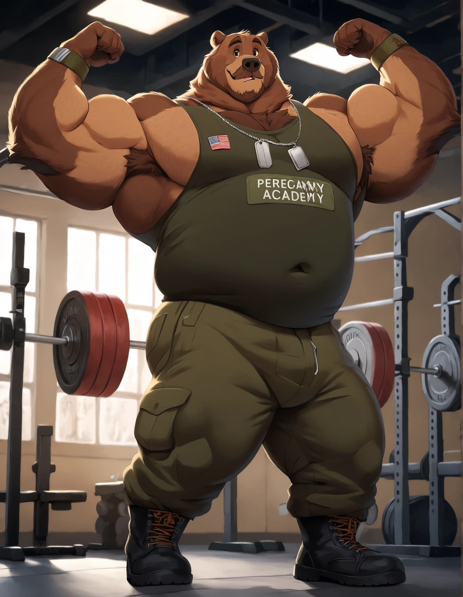bara, kodiak brown bear, strong physique, perfect anatomy, masterpiece, brown mustache and beard, wrinkles, huge brown fur, solo, great lighting, thick huge muscular, musclegut, green army pants, boots, tank top, dog tag, brown wristbands, military academy, gym set, flexing his biceps, arms up, hyper thick muscular, height: 220cm (7’8), weight: 270kg (440lbs), thick arms, huge pectoral, Disney, 8k, masterpiece 