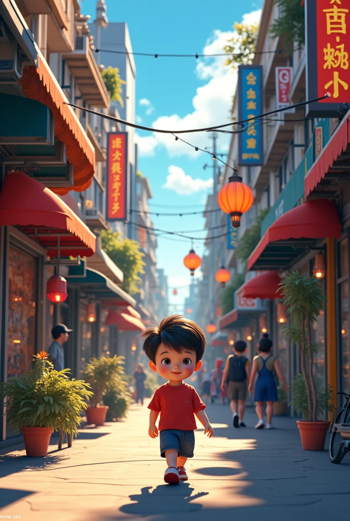 Cute Korean boy wearing casual dress and stand in Korea street 3d render 8k realistic