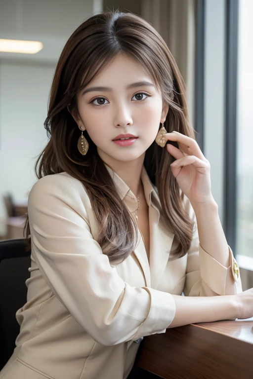 (8K、超High resolution、超High resolution、Raw photo、best image quality、pieces fly:1.5)、Japanese girl raw portrait、超High resolution、best image quality、 (大きなchest、chest:1.3)、{hide the chest}{Pleated skirt in off-white:1.6}、((ladies suits:1.3),((wearing a business suit:1.3)), (natural skin texture、fine skin、hyper realism、Super sharpness)、intricate details、written boundary depth、sexy adult woman、black hair short cut、tight ass star piece、best image quality、High resolution))、(realistic:1.4)、alone、close、smile happily、Big eyes、Clear double eyelids、eyelash、long neck、Absolute area、beautiful clavicle、The face is perfect、thin lips、small face、(look at the audience、eye highlights、light brown eyes、lip gloss)、((gold necklace＿Larger earrings:1.2)),((shy smile:1.3)),