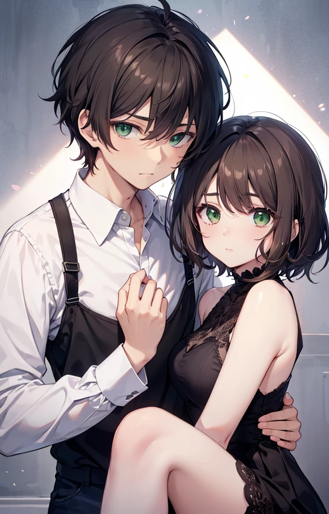 A boy black hair, black eye, and girl brown hair, green eye, sitting together in the bed