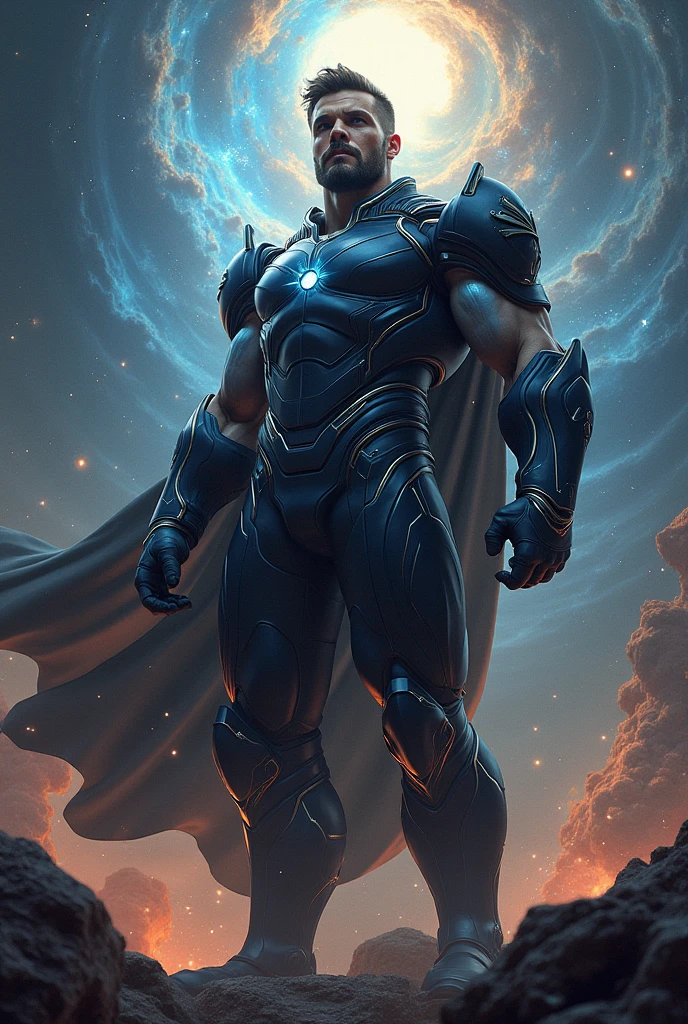 a galactic warrior, muscular, black rings, white eyes, dressed in dark blue armor, a sinture with an upside-down eye as a symbol, super sayan 3 blue haircut, top view of the body, which is in a galaxy