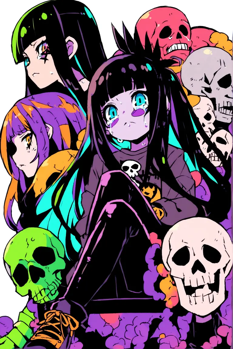Black Hair、Black Feather、Gothic Punk、Sit on a chair, Crossing your legs、Throne、tears,anime zombie witch design, Crossbones, skull, Streetwear Design, Provector, Horror Style, Full Design, Only 6 colors, Solid Colors, No Shadow, Full Design, Stickers, Bright colors, White Background.Ultra-fine illustrations,(((Beautiful fine hair))),(((Beautiful Faces))),(((Beautiful background))),(((Beautiful fine hair))),(((Beautiful Faces))),(((Beautiful background)))、Black Hair、Blunt bangs