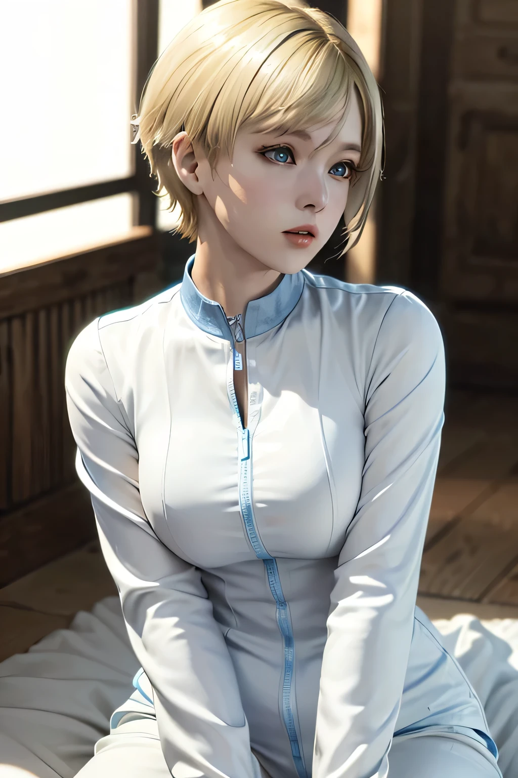 Perfect Anatomy　Highest Quality,highest resolution,(((shiny white clothes　shiny blonde　short hair　blue eyes　shiny skin)))　Sherry Birkin