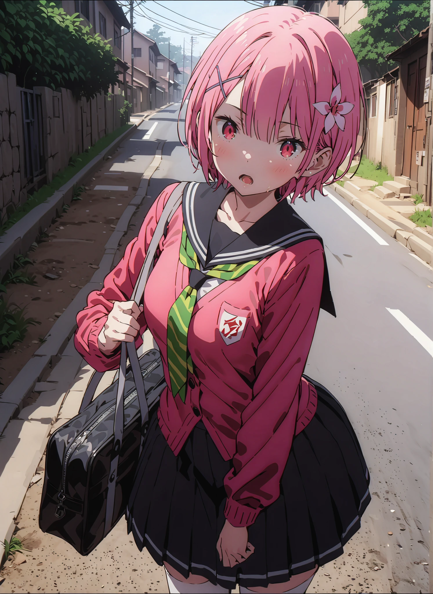 score_9, score_8_up, score_7_up, source_anime, Ram, hair flower, hair ornament, face, pink hair, Red Eyes, short hair, x hair ornament,笑face,,open your mouth,Black sailor suit, red cardigan , long sleeve, Black Mini Pleated Skirt ,white thigh high socks,loafers,school bag,standing,, Beautiful Streetscapes,full bodyがイラストに入るように,in their 40s outdoors, residential area,
in their 40s looking at viewer,full body,
in their 40s (masterpiece:1.2),Highest Quality ,Kampala,unity 8k 壁紙,(shape:0.8),( fine, beautiful eyes :1.6),It's a person ,full body写真,CG Details , (perfect hand in h,Complete Anatomy),