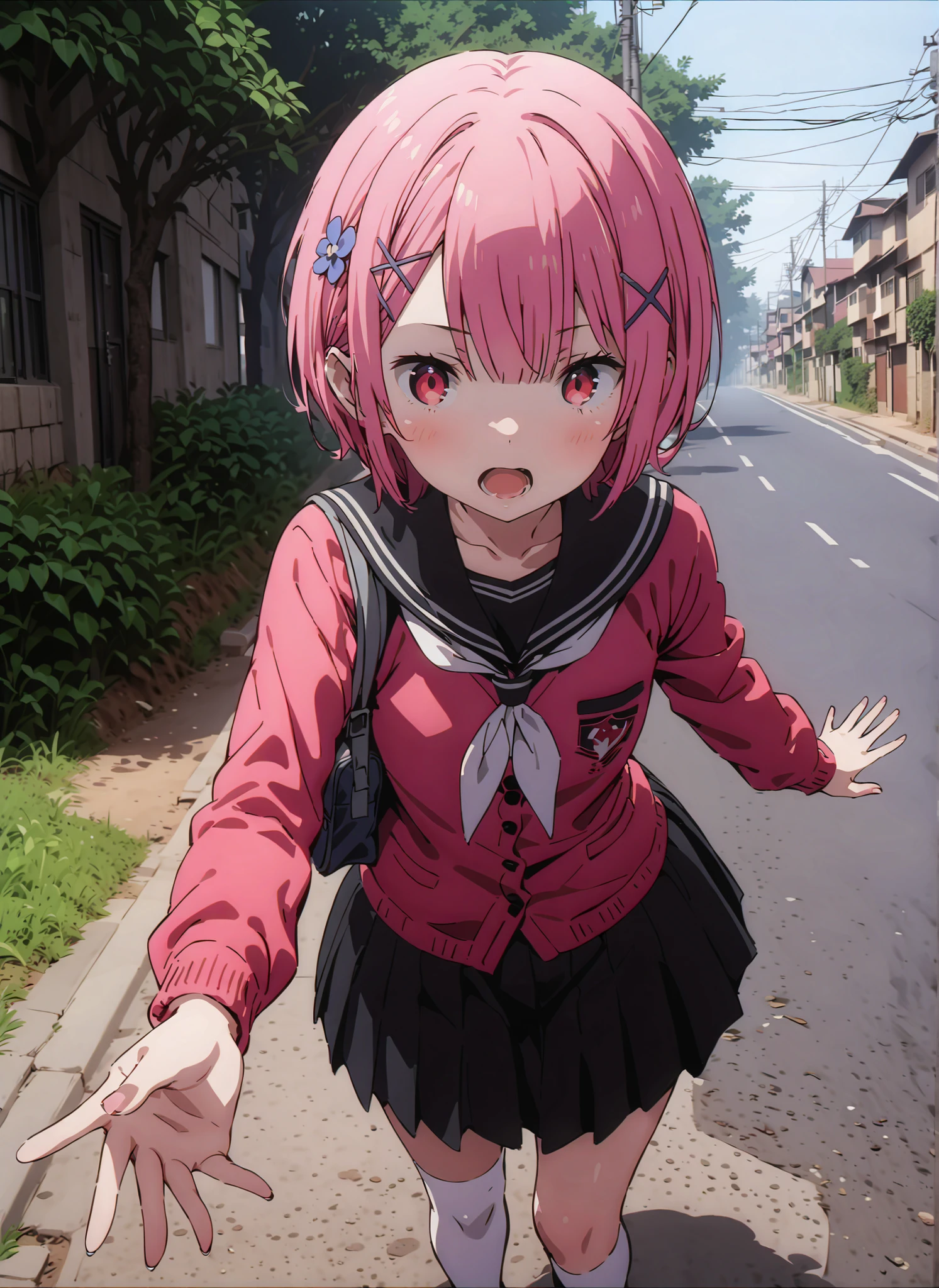 score_9, score_8_up, score_7_up, source_anime, Ram, hair flower, hair ornament, face, pink hair, Red Eyes, short hair, x hair ornament,笑face,,open your mouth,Black sailor suit, red cardigan , long sleeve, Black Mini Pleated Skirt ,white thigh high socks,loafers,school bag,standing,, Beautiful Streetscapes,full bodyがイラストに入るように,in their 40s outdoors, residential area,
in their 40s looking at viewer,full body,
in their 40s (masterpiece:1.2),Highest Quality ,Kampala,unity 8k 壁紙,(shape:0.8),( fine, beautiful eyes :1.6),It's a person ,full body写真,CG Details , (perfect hand in h,Complete Anatomy),