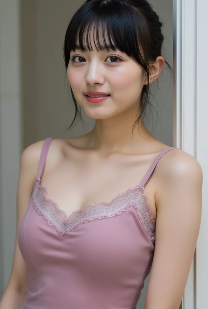 Highest quality, Face Focus, Soft Light, Ultra-high resolution, (Realistic:1.4), RAW Photos, so beautiful　Clean and elegant　intellectual　
1 Japanese girl, alone, cute,kind　 Beautiful face in every detail, (),(High resolution detail of human skin texture),
indoor, ((Amazingly thin and tiny pink knit camisole apron)) Beautiful breasts　　Wearing a boldly revealing apron
(Portraiture)  High resolution focused on the eye　smile　　See-through bangs　17 years old　　　The background is the protagonist　Wide and deep background　Luxurious and beautiful kitchen　Thin eyebrows　Beautiful breasts　very cute　Beautiful white skin　Beautiful Hair　　(Very stylish and beautiful straight bob hair:1.3)  