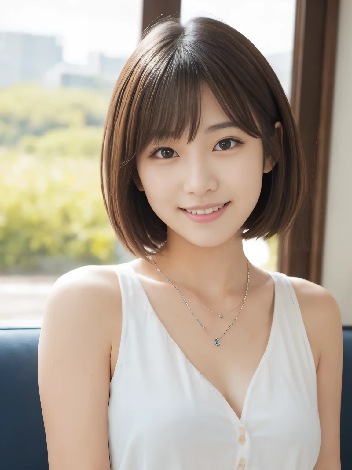 Browsing Caution、Highest quality、、 Compensate、masterpiece、クリアなphotograph、Ultra-high resolution、Realistic、Professional Lighting、Natural light、photograph、smile、Ultra slim、Delicate body、pretty girl、beautiful girl、、(Small breasts、Flat Chest:1.4)、White skin、Bobcut、Brown Hair、Wearing a white blouse:1.8、Lean forward:1.6、Her cleavage is visible:1.4