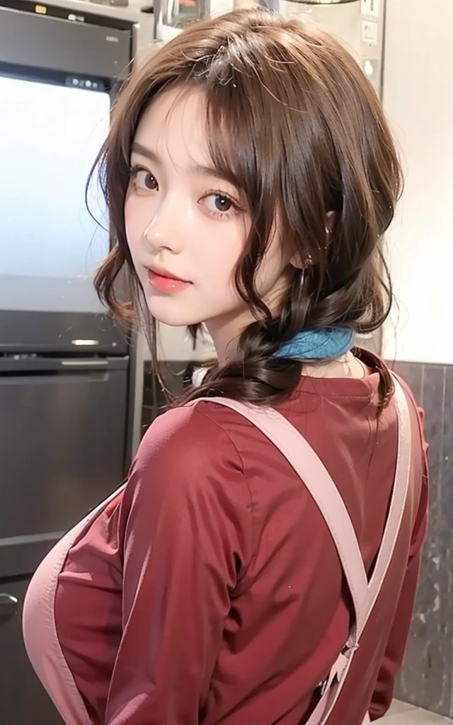 high quality, ultra detailed, masterpiece, realistic, 1girl, mature female, milf, motherly, 40 years old, red clothes, pink apron, large breasts, brown hair, single braid, open mouth, looking at viewer, blue hair tie, ultra high res.photo realistic: 1.4, UDH