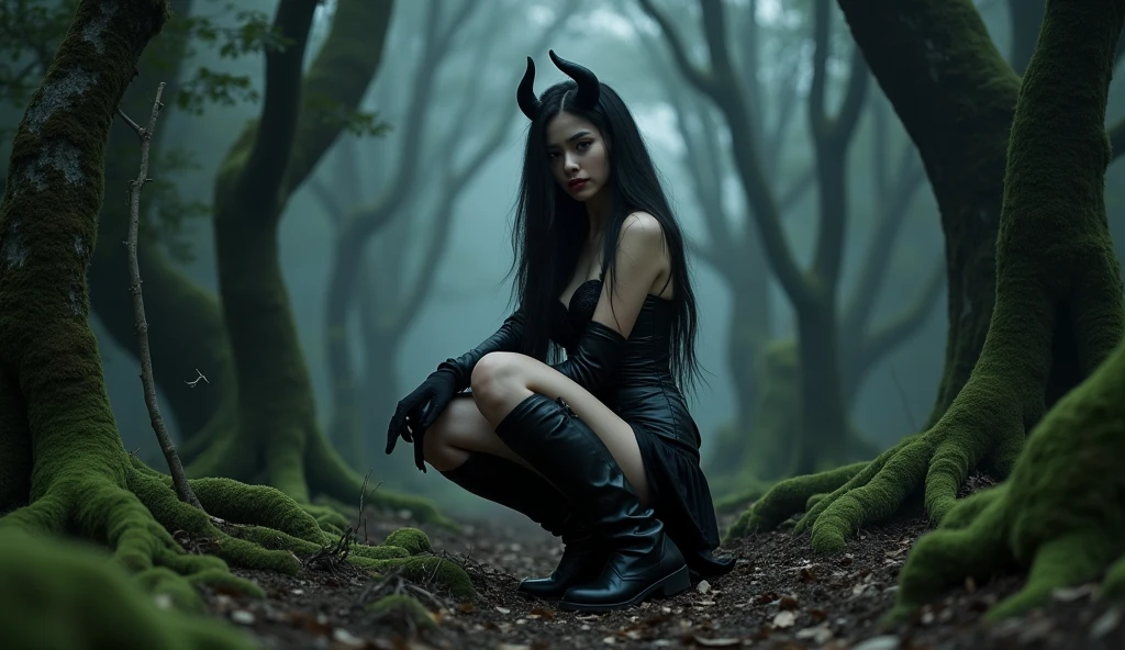 editorial photography,super detailed background,Super realistic,double exposure,depth of field,beauty super slender skinny vibes,soft focus gray tone,narrative scene,unclad body,open lips,very long straight black hairstyle,glasses,fine white skin,female straddle his back and grab her servant demon horns,