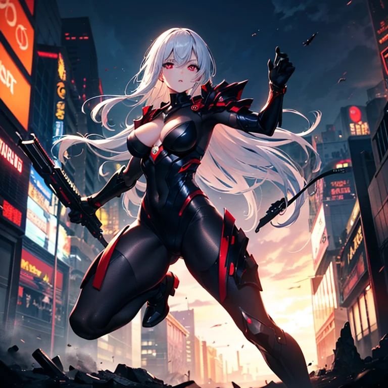 ,A girl with a mechanical body, and one cybernetic eye that glows red. In the background is a night view of a futuristic city,Beautiful Dress, Elegant, Dead, Horror, Anxious, Scary, Creepy, Scary, Spooky, Weird, Bizarre, Detailed