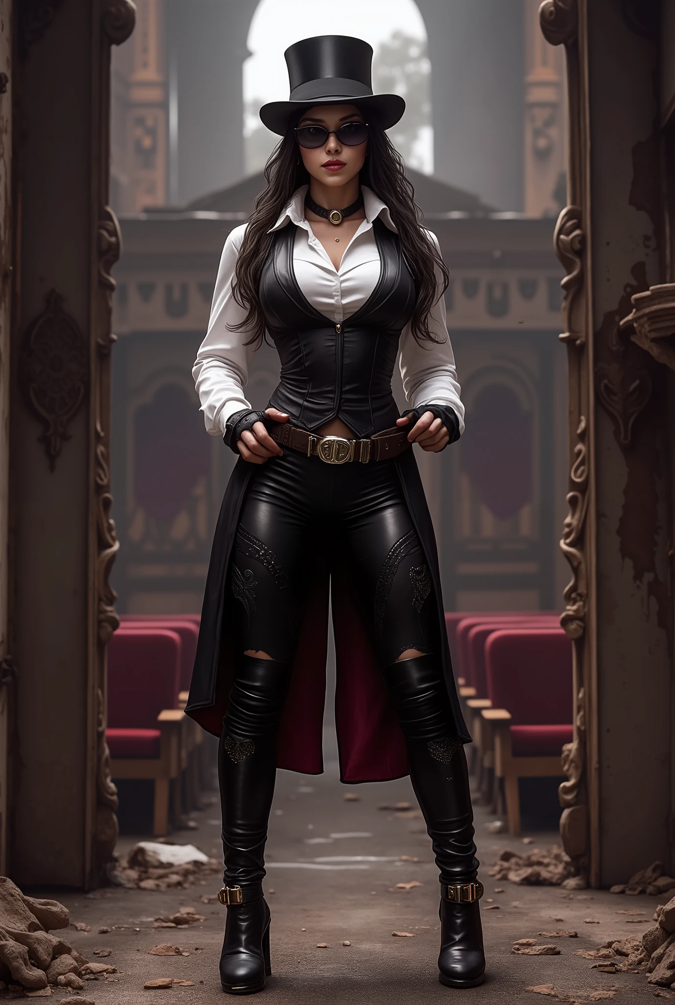 Full figure beautiful sexy sensual bombshell superheroine Zatanna, black long straight hair, black eyes, big breasts, wide, athletic shoulders, slim waist, long shapely legs, detailed hands, perfect eyes, black leather top hat on her head, black leather vest, white silk shirt, black leather tie black leather tight water stained pants, black high heel leather boots, black round sunglasses standing abandoned ruined crumbling baroque theater night twilight dark corners gothic and diesel punk style cinematic detailed