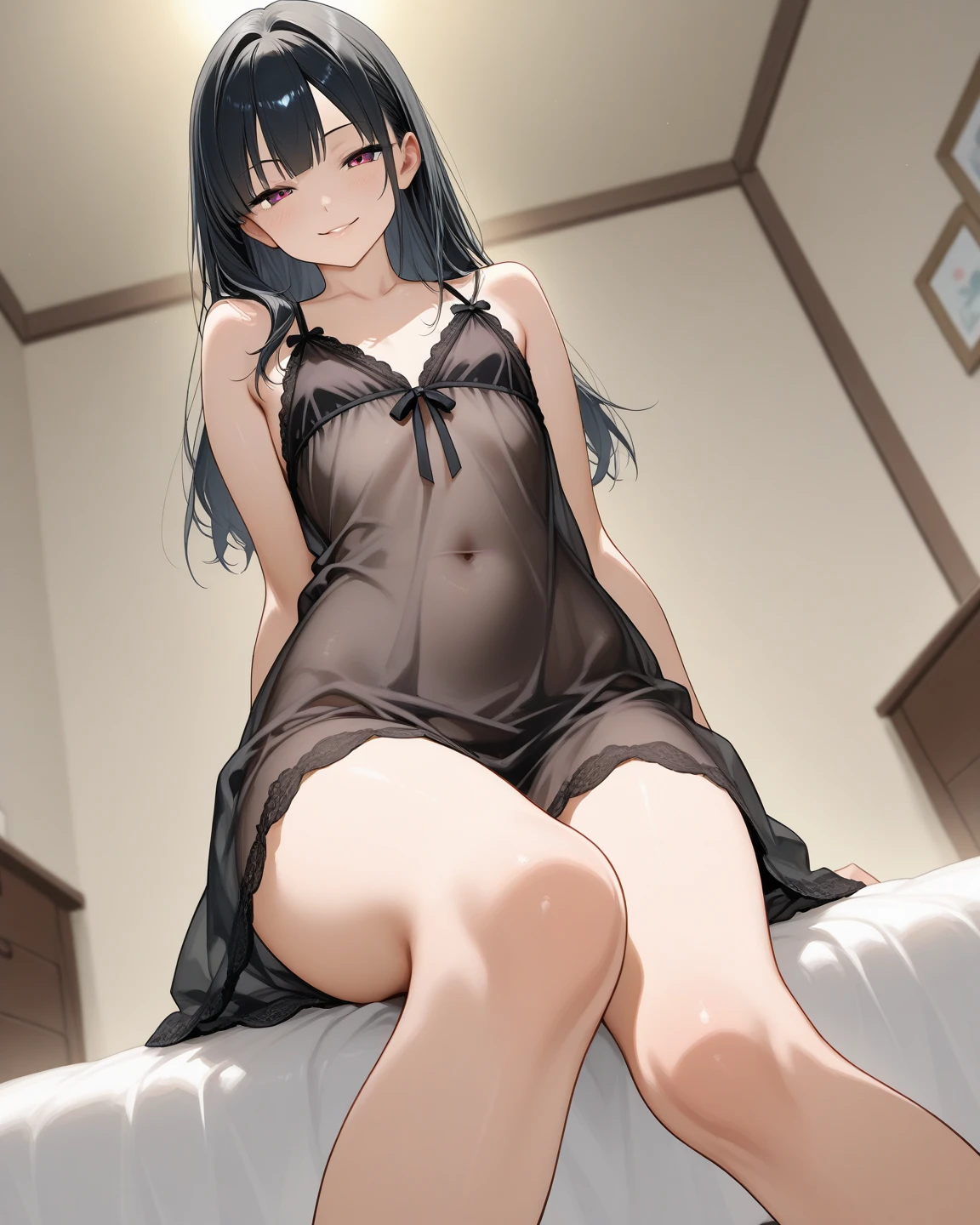 Hands Behind Back,Tied with hands behind back,from front,front view,looking at viewer, looking ahead,from above,cowboy shot,1girl,Beautiful 11 year old girl,Japanese,Slender,,low length,Small breasts,Thin legs,Small Ass,Baby Face,Small face,Black Hair,Straight Long,pig tail,blunt bangs,Gray Eyes,Drooping eyes,middle School girls,Sheer black and pink negligee,Sexy Lingerie,open mouth,tongue out,front face,Kneeling,Straight Stand,Beautiful and detailed anime art,Mischievous smile,Sexy vibe,cum on tongue,Dimly lit room,On the bed,Simple Background,Gray background,Low lighting,