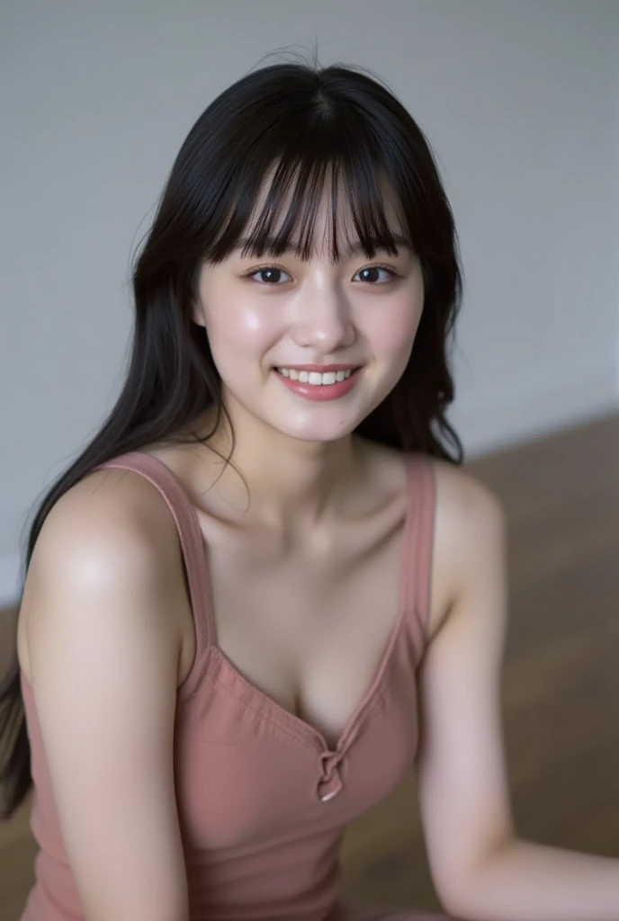 (Highest quality、Tabletop、、Best image quality)、1 female、(Face close-up:1.3)、(Wear only beautiful luxury blue bras:1.3)、The best smile、Smiling with beautiful teeth、(Standing against a blank white wall:1.5)、Ultra HD Glowing Bright Skin、Shiny, Moisturized Skin、Ultra HD Shining Eyes、Natural Makeup、Perfect Anatomy、Blurred Background、Sculpture Pose