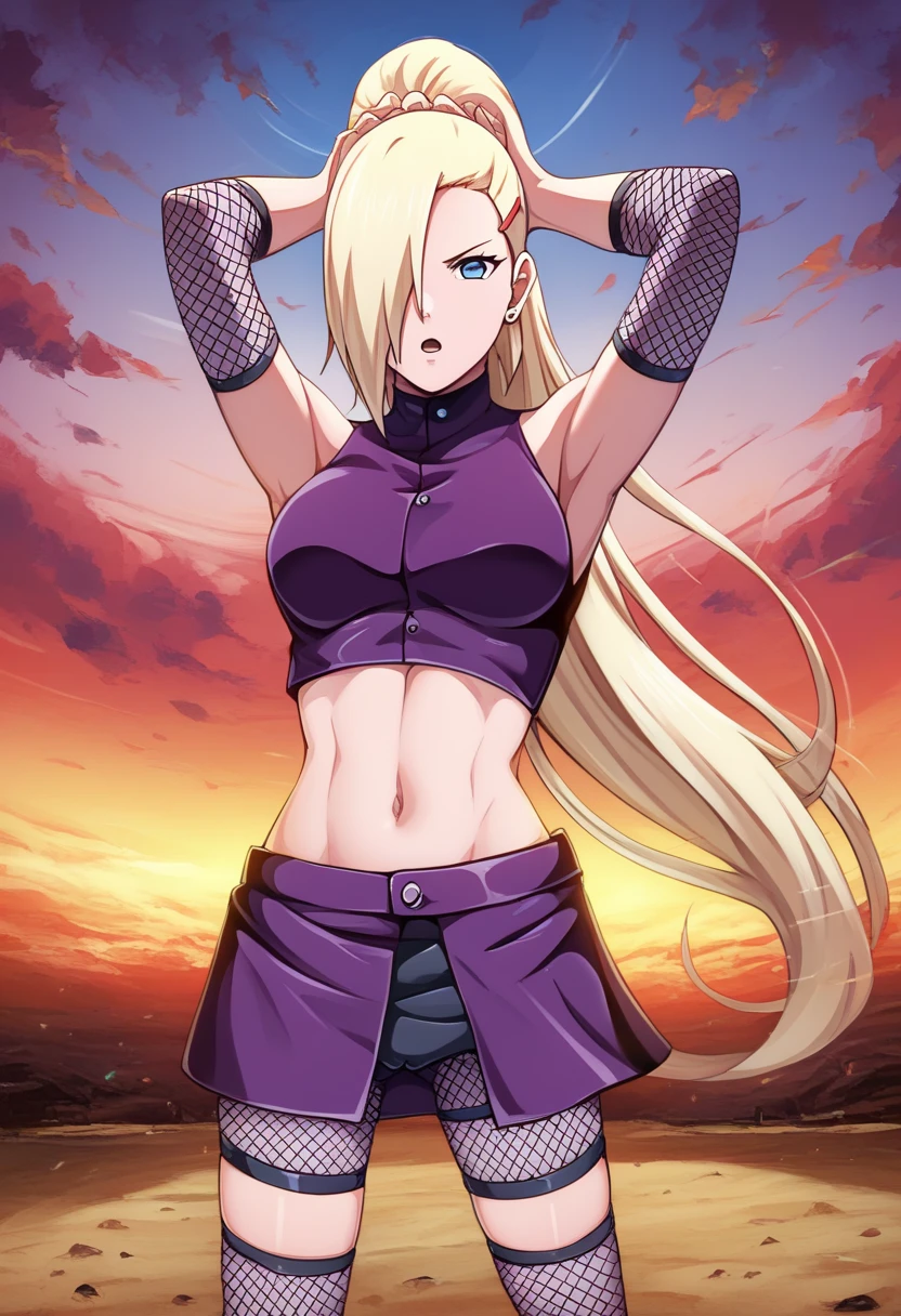 perfect face, perfect body, perfect face shape, perfect mouth, perfect hair, perfect waist, perfection, masterpiece, high quality, solo, UHD Quality, 4k Quality, expressive eyes, pretty,  Detailed hair, Detailed background, Detailed hair, detailed, detailed, 1girl, solo, looking at viewer, score_9,score_8_up,score_7_up,score_9,score_8_up,score_8,ultra detailed,beautiful face,beautiful hands,detailed background,detailed face,4k,HD,8k,highres,antialiasing, 1girl, solo,looking at viewer, anime screencap ,[cinematic lighting:0.5],caustic lighting,official art, surreal, 
(high quality, detailed, beautiful), detailed beautiful eyes, detailed soft lighting,         Expressive, perfect eyes, sand village, sunset, Ino Yamanaka, 1girl, solo, blonde hair, long hair, ponytail, hair over one eye, blue eyes, small earings, red hairclip, bare shoulders, fishnets, elbow warmers, knee pads, purple crop top, midriff, purple skirt, navel, fishnet shorts, medium breasts, looking at viewer, flowing hair, serious, opened mouth, windy, orgasm, armpit, arms up, looked pussy, embarrassing, vagina, squirt, about to masturbate, tickle