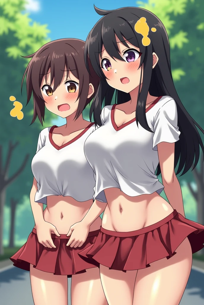 2 girls , Yukinoshita Yukino , Yuigahama Yui has a great bast and pussy, waltz dance , white gym uniform,white lace panties,Pale pink lace panties,thighs,high angle,look at the camera,smile