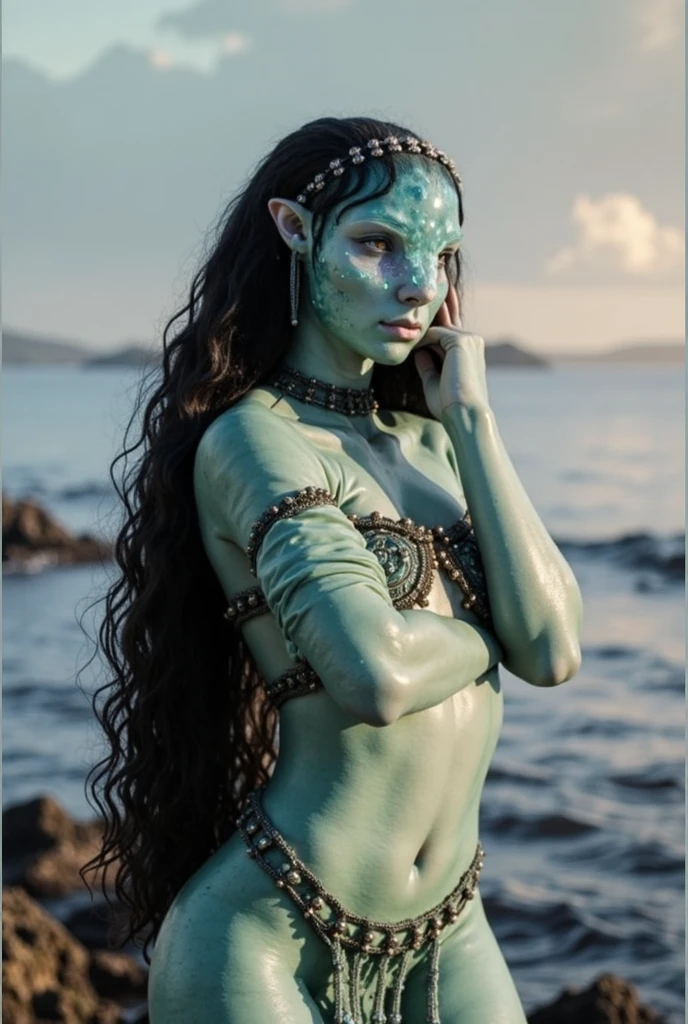 masterpiece, Highest quality, One girl, Tsireya, Facial blemishes, Black Hair, Long Hair, blue eyes, (Big Breasts,Breastfeeding,Big Ass,Blue Skin, Skin of color:1.3), Loincloth, Hands on hips, alone, Upper Body, View your viewers, Ocean, blue sky, Island Background