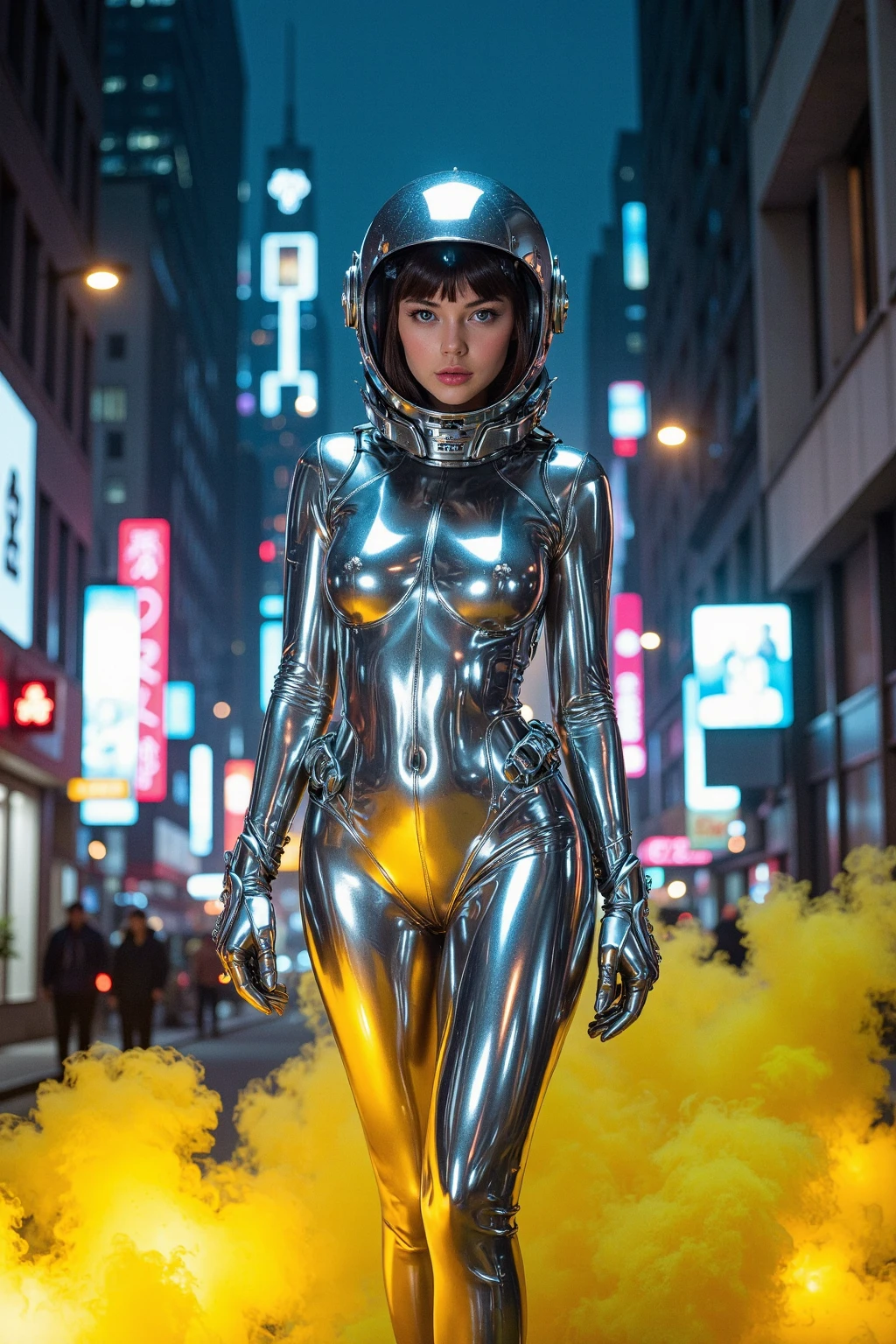 scify woman, futurista sexy, with silver armor, Full body photo, mechanisms, hyper realistic skin, hyper detailed, masterpiece, White background, cyberpunk, big breasts, extreme reality, futuristic street, super realistic face, futuristic car, whole body, in the neon night
