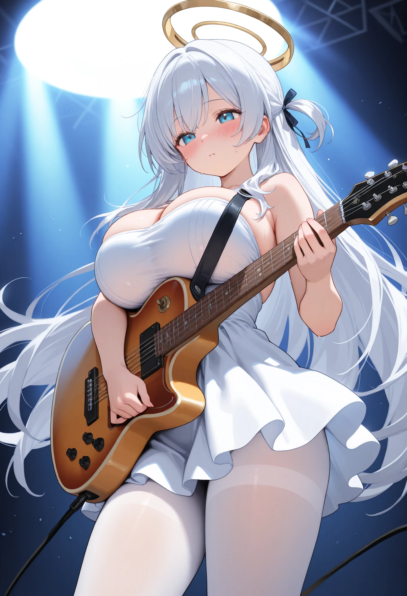 masterpiece, best quality, highres, aanoa, long hair, headgear, mechanical halo, rabbit ears, large breasts, detached collar, cleavage, playboy bunny, strapless leotard, white leotard, black pantyhose, <lora:ushio_noa_v1:0.7>, guitar, stage, holding instrument, stage, smile,