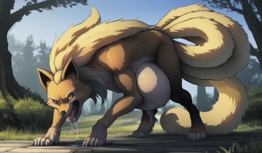 Anthro werewolf fat, foot,4 toes, bandages, ,wearing bandage on foot,spreading le, balls,knot on sheath,side view,larger tail, solo,(art by patto, patto style), explicit art