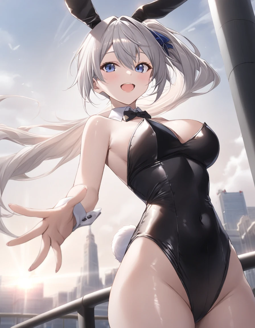 (Masterpiece, High Quality, Top quality, High-Detailed, Detailed CG, Cinematic Shadow, Cinematic Scene, Beautiful Detailed Eyes, Ultra Resolution, Depth of Field), Looking At The Audience, Looking Down, Looking At The Audience Below, (Blush Expression:1.2), (Angry Expression:1.2), (SFW:1.2), Blue Eye, Silver Hair, White Hair, Short Hair, Five Fingers, Good Composition, Armpits, Arms Up, (Leotard:1.2), (Black Leotardi:1.0), (Leotard Bodysuit:1.0), Thicc Thighs, Thick, Large Breasts, Huge Breast, Dark Background, Blur Background, Castle Background, European Building Background.