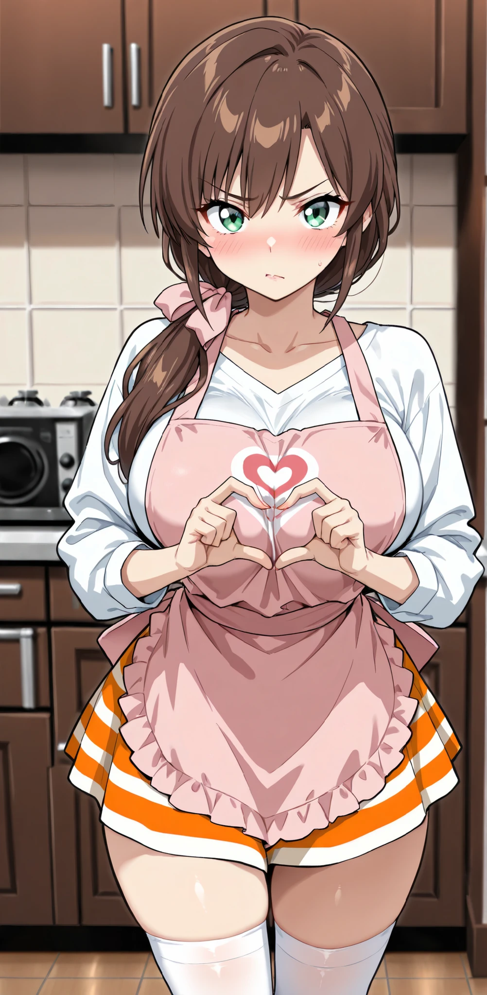 masterpiece,high resolution,Highest Quality,8k,((best quality)), (masterpiece)), (details: 1.4), high resolution, (masterpiece: 1.4), 超details, 1 beautiful girl,green eyes,brown hair,low ponytail,white long sleeve shirt,pink apron to make a heart with your hands,white heart mark in the center of the chest,orange and white striped skirt,white knee-high socks,pink ribbon,Big Breasts,Thighs、fleshy is good,tsundere,kitchen