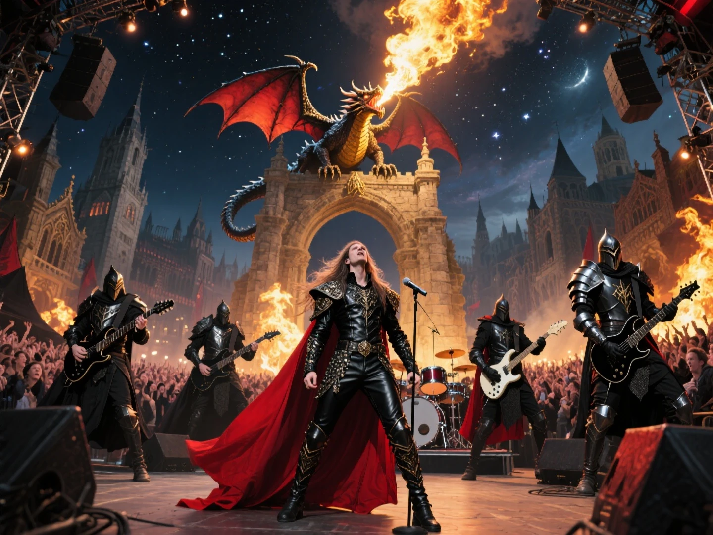 A grand Metal Music Festival takes place in the heart of a fantasy city, where the architecture is a stunning blend of late Renaissance elegance and rugged medieval styles. In the city's massive central plaza, a roaring crowd gathers under a starry night sky. On a towering stage, the metal band performs—a group of dark knights and warriors. The charismatic singer, with flowing long hair, wears elaborate black leather garments adorned with intricate details and a striking red cape billowing behind him. The rest of the band thrash on their instruments, clad in full black heavy armor with matching capes, their dark visages glinting in the firelight. Over the stage, a colossal, trained dragon perches dramatically on a stone arch, occasionally breathing streams of fire high into the night sky, illuminating the scene in flashes of gold and crimson. The air is electric, filled with the clash of guitars, drums, and the roar of both the dragon and the ecstatic fantasy crowd.
